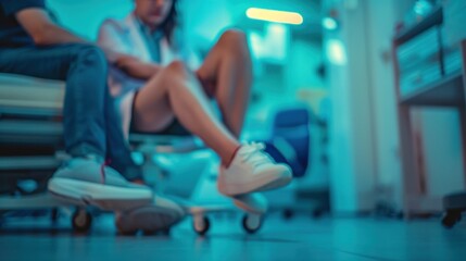 A woman sitting on a skateboard in the waiting room of an office, AI - Powered by Adobe