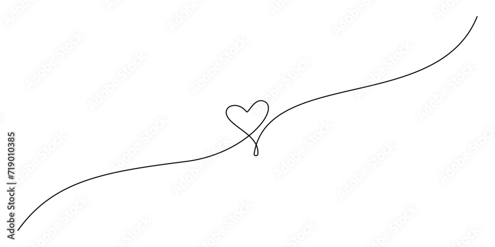 Fototapete One continuous drawing of two hearts with red color love sign. Thin flourish ribbon and romantic symbol in simple linear style. Editable stroke. Doodle contour vector illustration