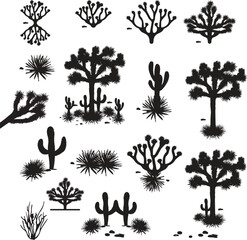 Big collection of black silhouettes of cacti, agaves, joshua tree, and prickly pear