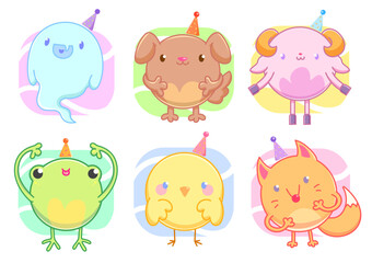 set of color vector illustrations. icons with holiday animals. ghost, dog, sheep, frog, chicken, fox