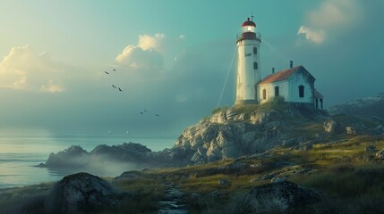 a lighthouse on a small island in the middle of the ocean - obrazy, fototapety, plakaty