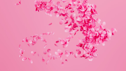 Pink Rose Petals Fly Around background. Valentines day concept. 3D render illustration