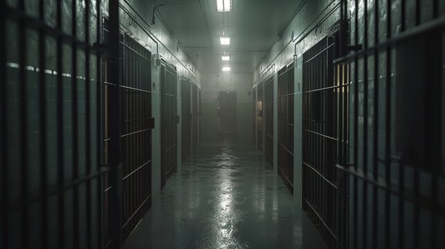 a dark hallway with several jail cells