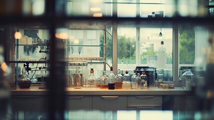 a row of glassware sitting on a counter in a laboratory area - obrazy, fototapety, plakaty
