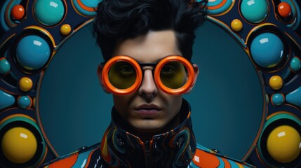 A man in the style of the 80s, disco. Portrait of a guy in sunglasses and a bright-colored suit, against a wall with a 3D drawing