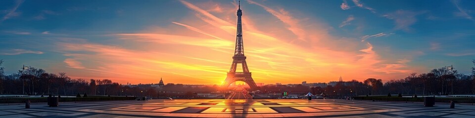 Eiffel Tower and Trocadero Square at sunrise - obrazy, fototapety, plakaty