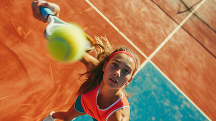 Beautiful woman playing tennis on court. 