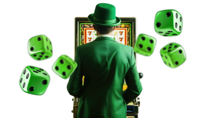  gentleman in green suit and green bowler hat infront of casino slots machine