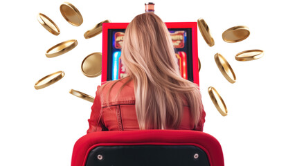 blonde woman gambling on casino slots machine