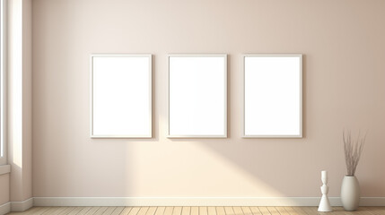 Three empty white frame on beige wall, minimalist design