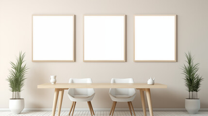 Fototapeta na wymiar Three empty white frame on beige wall, minimalist design