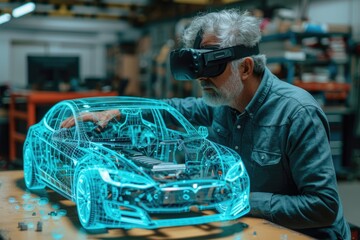 Technician EV car Engineer using virtual reality goggle software to check EV vehicle. Generative AI