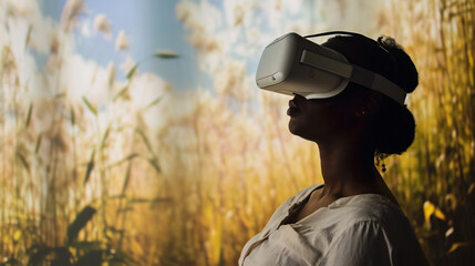 A virtual reality therapy session, where a patient immersed in a serene digital landscape