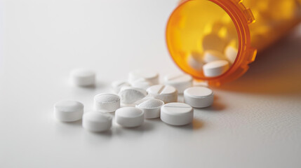 A bottle of pills is spilled on a white surface