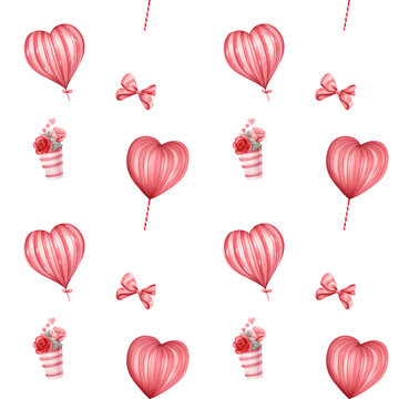 Watercolor heart shaped balloons, bows and roses, seamless pattern for Valentine's Day