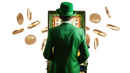  gentleman in green suit and green bowler hat infront of casino slots machine
