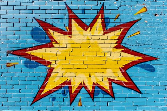Graffiti of explosion on blue painted wall brick
