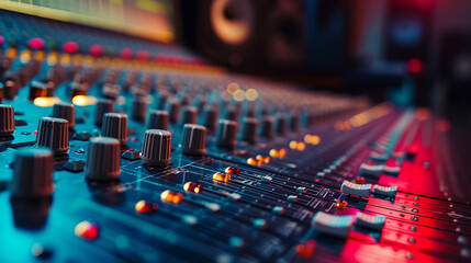Fototapeta na wymiar Close up wide shot of mixing console in the professional recording studio