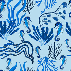Aquatic Seamless Pattern with Blue Seahorses and Seaweeds on a Light Blue Background - obrazy, fototapety, plakaty