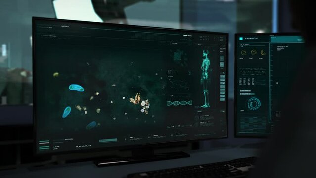 Futuristic software is studying the paramecium microbes. Software is inspecting the paramecium microbe movement. Software is examining the paramecium microbe structure for scientific research. Biology