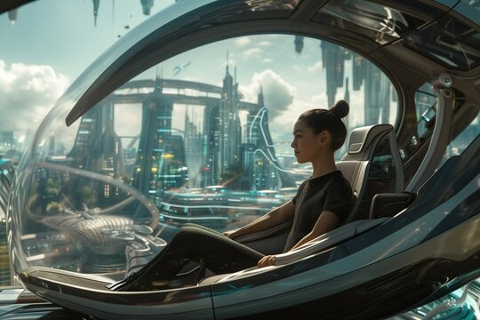 A woman sitting in an air futuristic transport is a symbiosis of a car and a quadcopter in the city of the future, the near future where people fly in cars