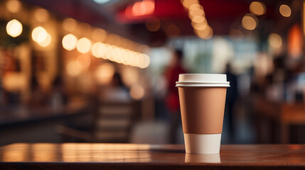 Paper cup of coffee on a wooden table in a coffee shop. Space for text and design.
