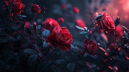 Ethereal Midnight Glow with Blooming Crimson Roses