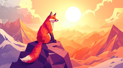 illustration of a fox in front of a beautiful landscape, isometric style, geometrical design, Fox on top of the mountain - obrazy, fototapety, plakaty
