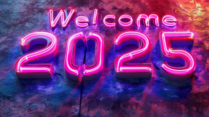 Isometric number and letter shape of Welcome 2025 in neon light tube