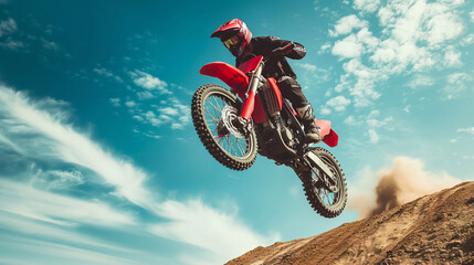 Motorcycle stunt. A off road moto cross type bike, in mid air during a jump with a dirt trail