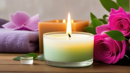 Fototapeta na wymiar Beauty water therapy candle spa wellness light care health relaxation romantic bath. generative, AI.