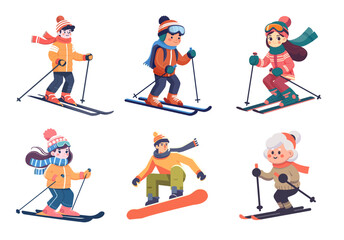 Fototapeta premium Set of skiers characters. Winter sport skiing. Colorful cartoon people isolated on white background. Stikers with ski activity man, boy, woman, girl and old lady. Vector illustration