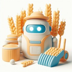 Robotic Farmer and Wheat with Flour. 3D Cartoon Clay Illustration on a light background.