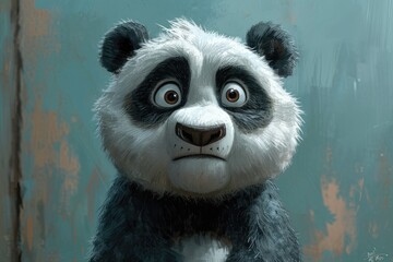 Obraz premium Cute sad Cartoon Panda Character on blue background. Funny offended Panda Bear in Front View
