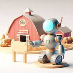 Naklejka premium Robot Farmer by the Farm Barn. 3D Cartoon Clay Illustration on a light background.