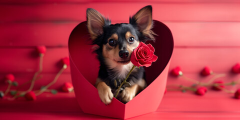 Cute dog holding rose in red hear frame