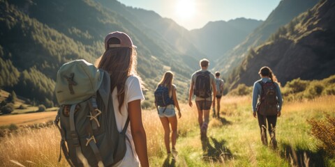 A young female and male student hiking in the mountains - obrazy, fototapety, plakaty