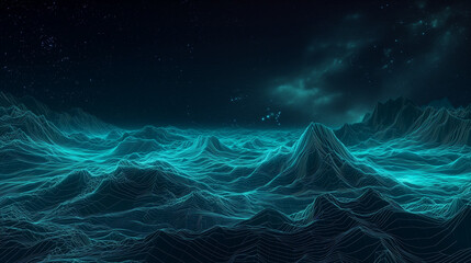 Dark Neon Green Mountains under a Starlit Sky, Retro Vaporwave Abstract Wallpaper Background