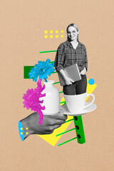 Creative poster collage of hand hold coffee cup manager businesswoman freelancer break weird freak...