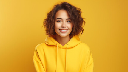 Fototapeta premium Woman with smile and yellow hoodie. Studio photography