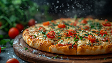 Picture of a freshly baked pizza on a wooden table, echoing the nostalgic. Generative Ai