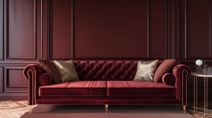 Plush burgundy velvet sofa with gold accent pillows against a backdrop of dark mahogany walls. Luxurious home interior design of modern living room