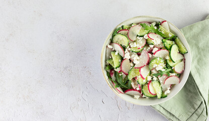Vegetarian salad of radishes, cottage cheese, sour cream and arugula on a white background. Top...