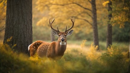 Fototapeta premium Deer In Nature Enhance your project with the serene beauty This exquisite, high-resolution photograph captures the elegance and grace of a wild deer. generative, AI.