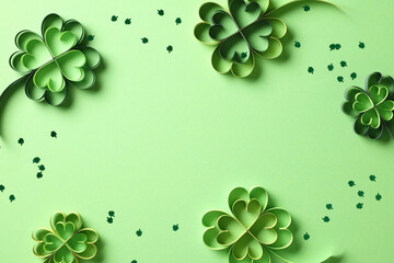 Paper art and craft style four-leaf clover and confetti on green background. St Patrick's Day holiday concept.