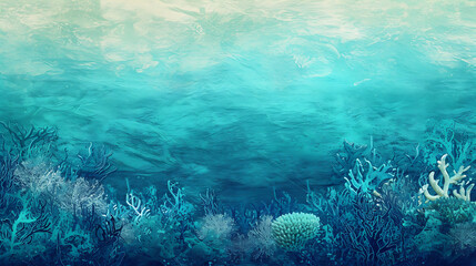 Fototapeta na wymiar Underwater coral reef gradient in oceanic blues, greens, and corals, accented by a grainy texture for a marine life awareness poster.