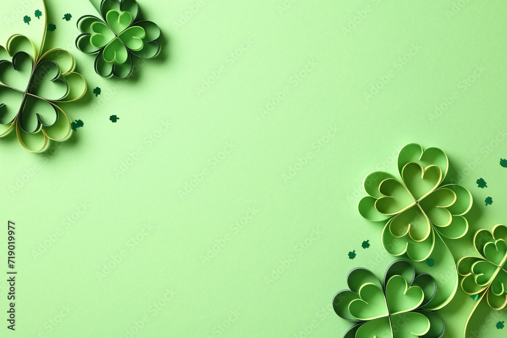 Wall mural flat lay composition for st patricks day with four-leaf paper art clover. saint patrick's day backgr