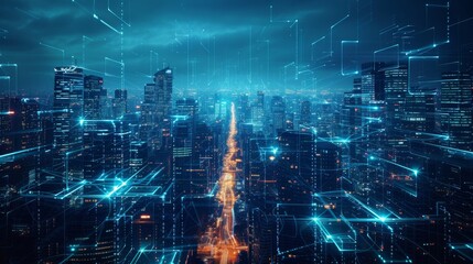 Fototapeta premium Techno-Utopia: A Neural Network Enveloping the Futuristic City