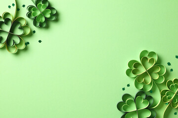 Flat lay composition for St Patricks Day with four-leaf paper art clover. Saint Patrick's Day...