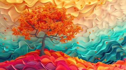 Elegant colorful with vibrant orange tree illustration background. Bright color 3d abstraction wallpaper for interior mural  generated by AI